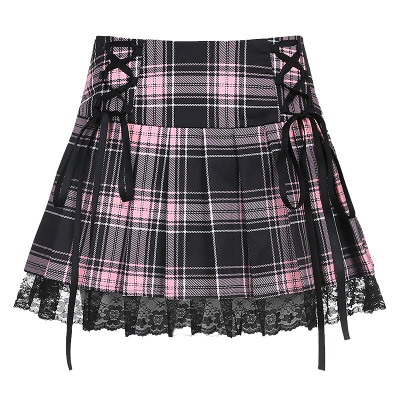 Minifalda gótica de Lolita para mujer, tutú con volantes, rosa, cuadros, plisado, Emo, Punk, oscura, Academia, ropa Grunge
