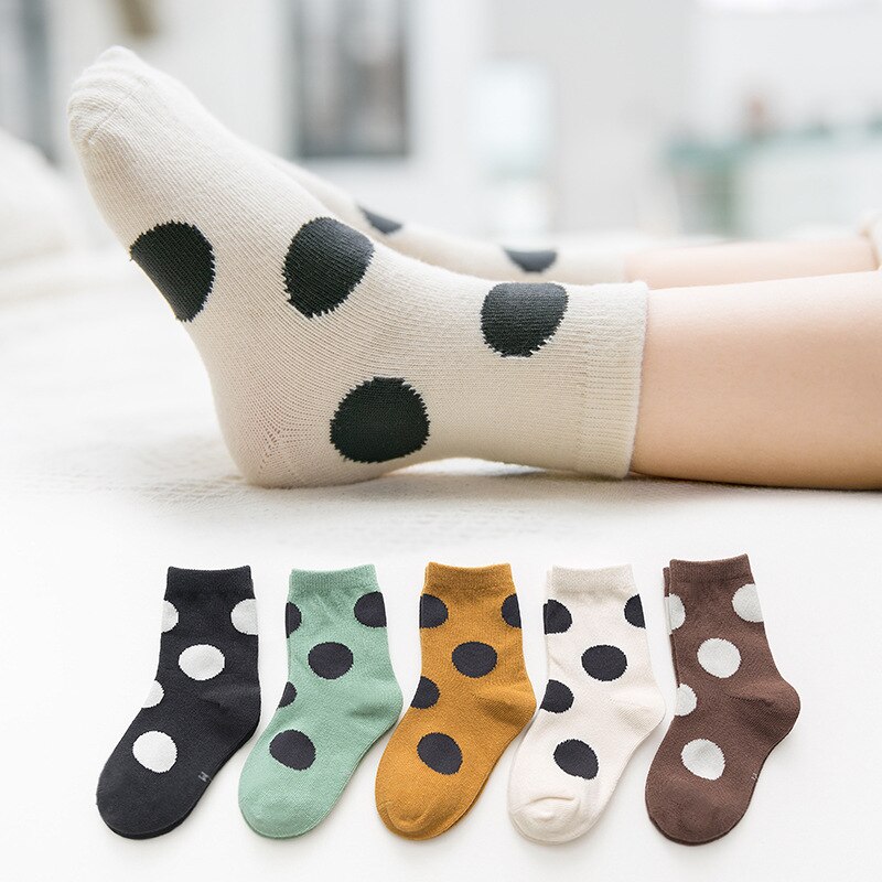 5-pair pacote menino meias meias de algodão meias da menina outono e inverno grande polka dot cor combinando meias crianças meias de algodão