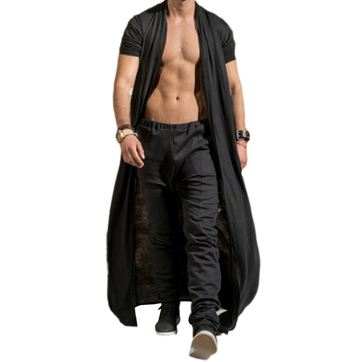 Mænd lang kappe frakke sjalkrave cardigan moderigtigt ensfarvet lange ærmer åben front lang længde drapering cape frakke: Sort / L
