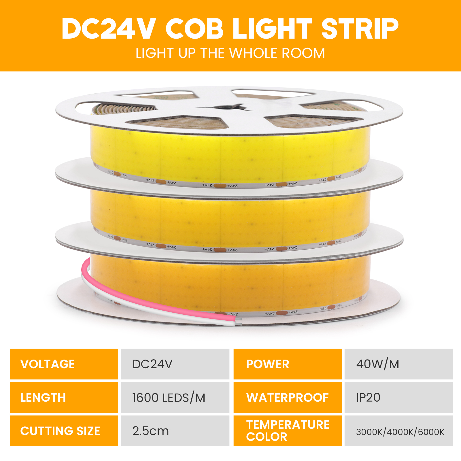 Ultra Bright COB LED Strip 24V 1600LEDs/m High Density Flexible Dimmable LED Light 30mm PCB Width COB Strip 3000K 4000K 6000K