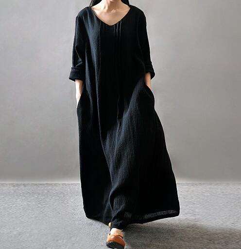 Sommer høst kvinner avslappet løs boho lange maxikjoler vestidos - bomulls- og lin vintagekjole: 5xl / Svart