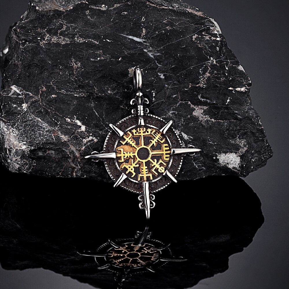 Collar con brújula vikinga de Color dorado Retro para hombre, amuleto de runas nórdicas de acero inoxidable antiguo, colgante Vegvisir Homme, joyería islandesa: Color acero