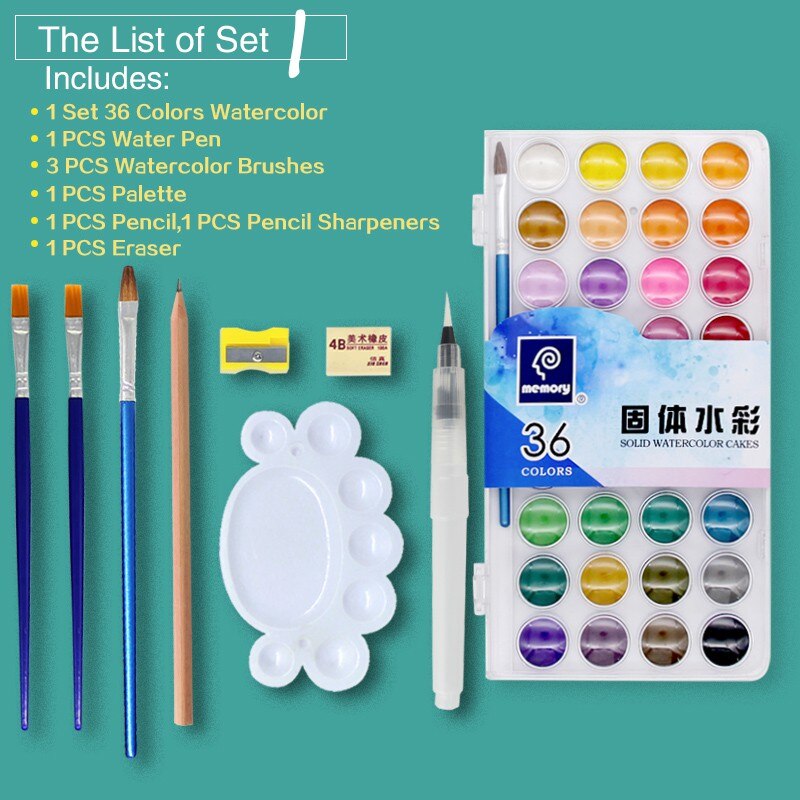 Geheugen 36 Kleuren Aquarel Verf sets Professionele Water Kleuren voor Schilderen Papier Kunst Levert Met Gratis Borstels Palet: Set 1