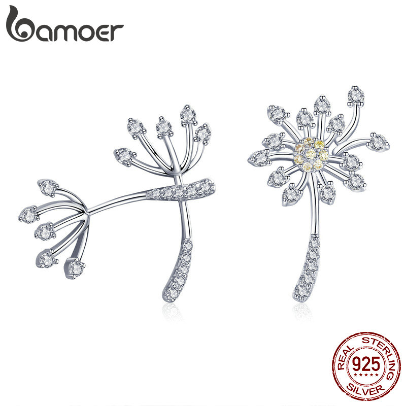 BAMOER Genuine 925 Sterling Silver Blooming Dandelion Love Exquisite Stud Earrings for Women Silver Jewelry SCE506