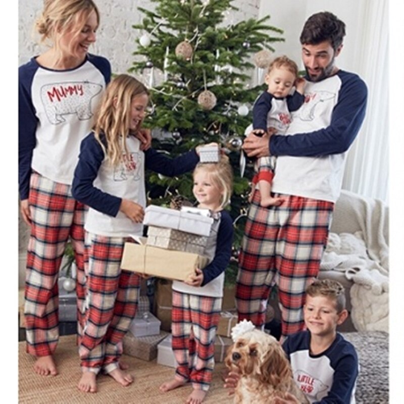 Christmas Family Costumes Suits Mom Dad Girls Boys Party Vetement Bear Pajamas Printed Long Sleeve Tops Plaid Pants Clothes Sets