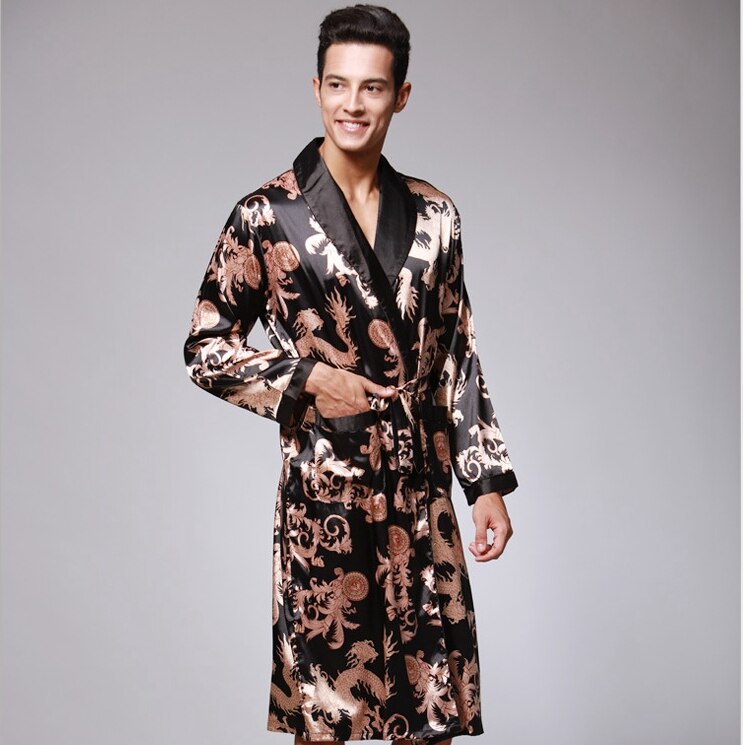 Albornoz de seda para hombre, Kimono de manga larga, pijama con estampado de Dragón de la suerte chino, ropa de dormir para el hogar: color5 / L