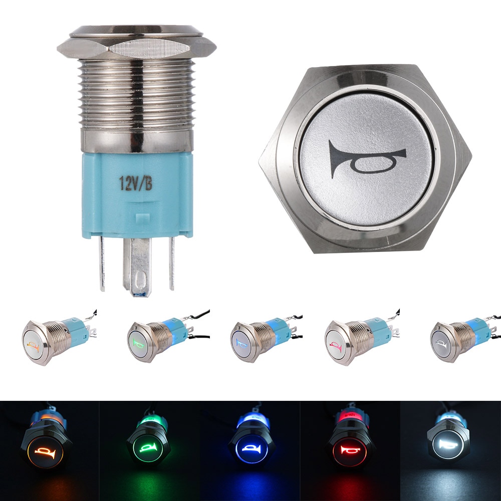 16Mm 5/8 "12V Led Power Light Momentary Push Horn Button Metal Switch Drukknop Auto Boten Klink speaker Bel Hoorn