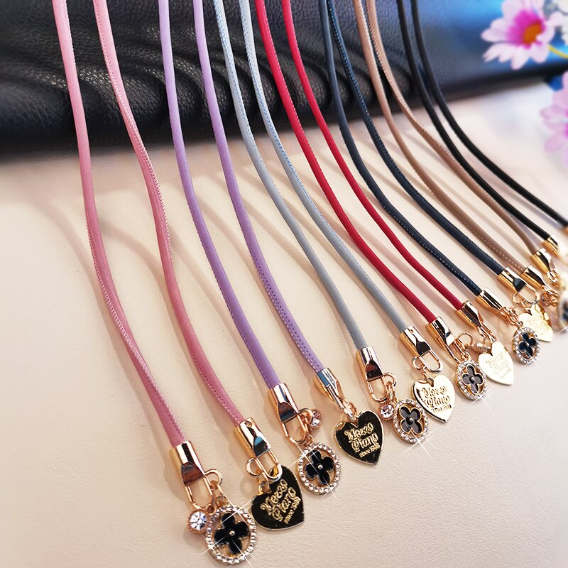 Crossbody Ring Diamant Vier-Leaf Camera Houders Toetsen Lanyard Charm Strap Clover Lederen Lanyard Mobiele Telefoon Lanyard Voor Iphone