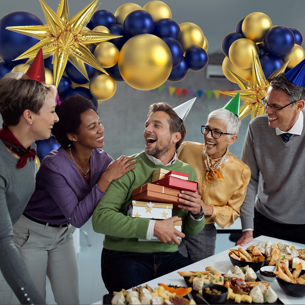 104 Uds. Kit de guirnaldas de arco de globos azul marino y dorado con globos de estrella de explosión para decoraciones de de cumpleaños de Año de boda