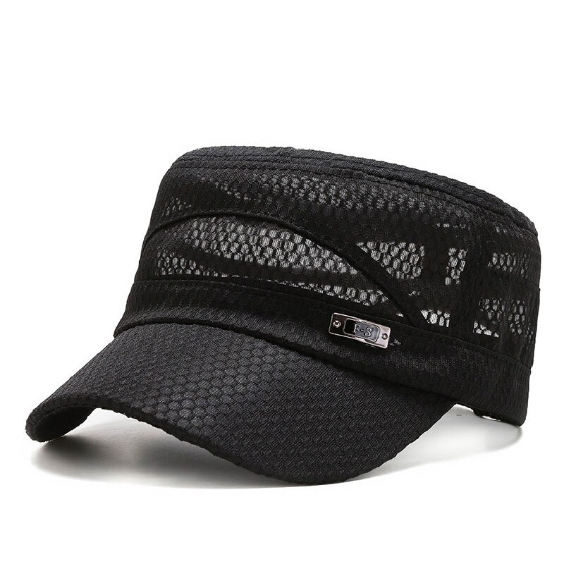 Mens Flat Top Mesh Peaked Cap Stylish Beret Baseball Caps Summer Breathable Mesh Army Cap Adjustable Light Sun Visor Hats: Black