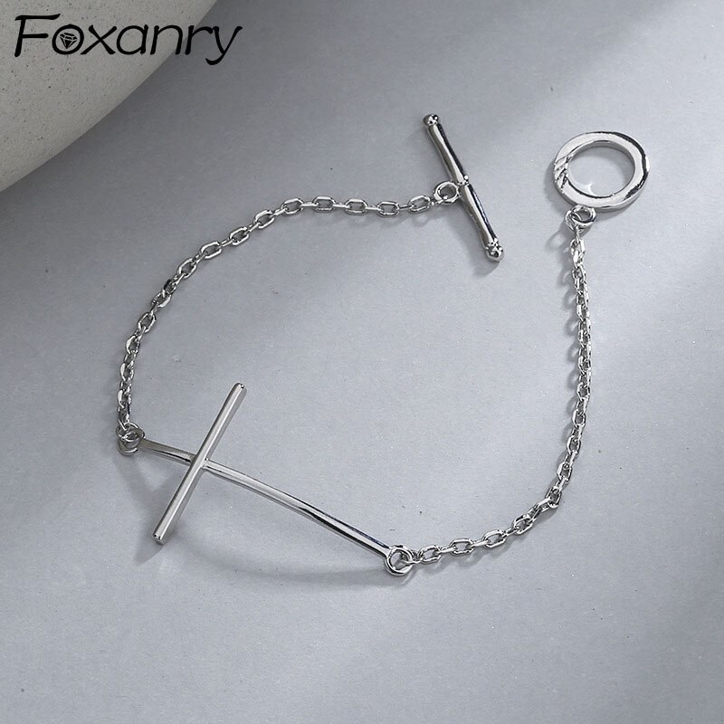 FOXANRY-Pulseras de sello Vintage, geométrico de Cruz Simple, joyería Punk para , accesorios de hebilla OT, 925