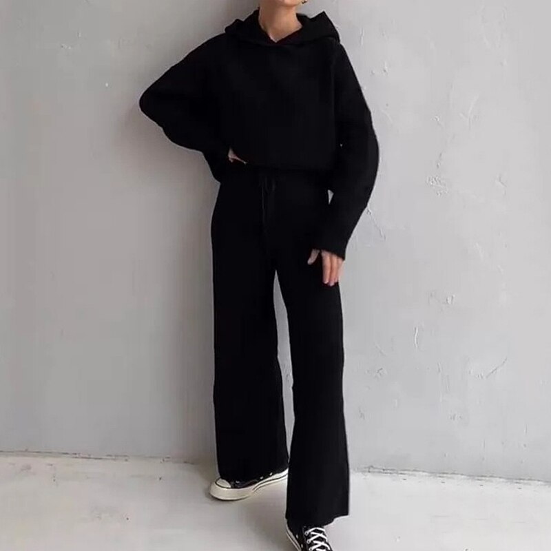 Two-piece Casual Hoodie Sweatshirts Suit Leisure Autumn Winter Pullovers Women Sets Knitted Warm Trousers Outfits: black / XL