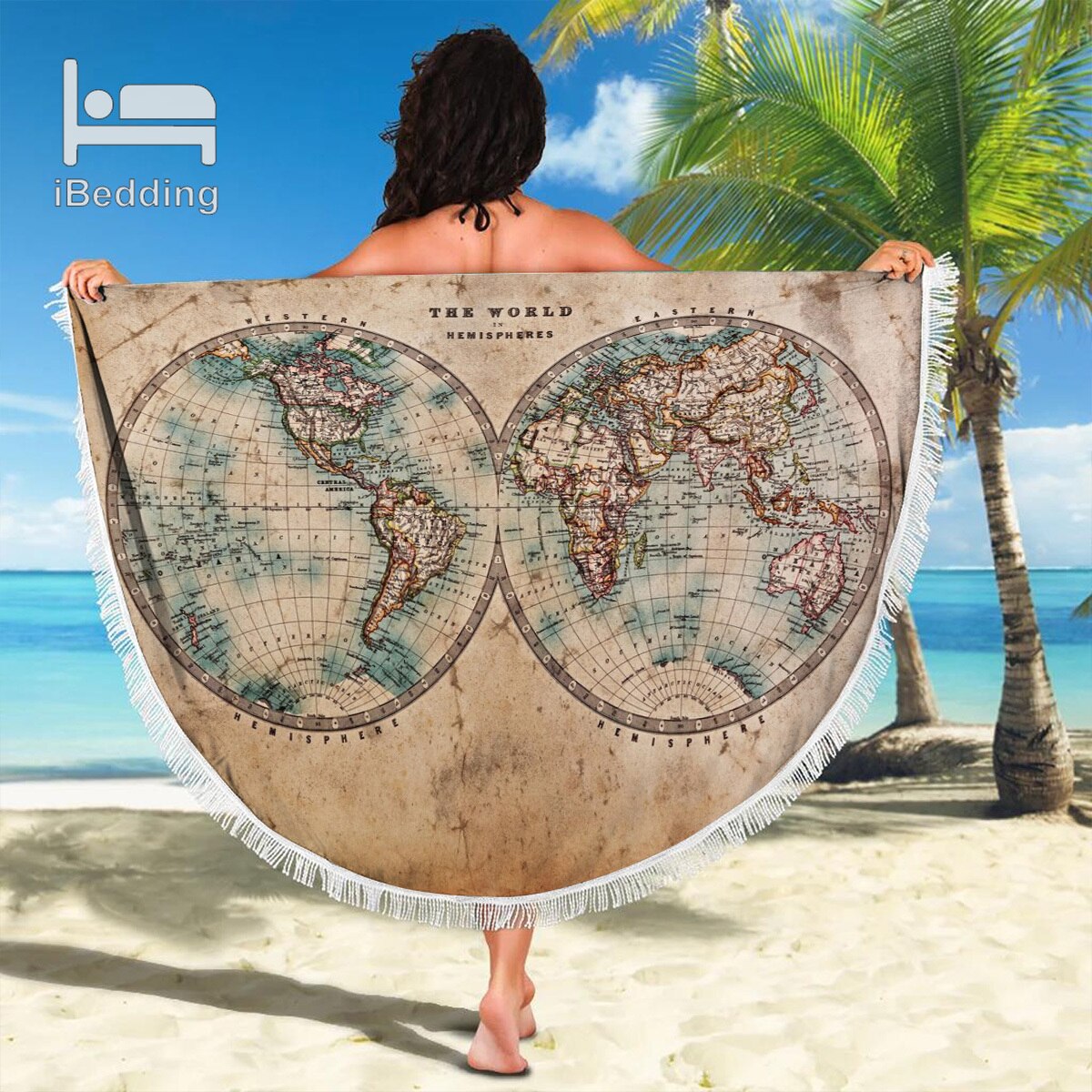 3D Vintage Monde L'île Carte du Monde Couverture de Plage En Microfibre Imprimé 150cm Serviette de Plage Ronde avec Des Glands POD Directe: 2021042461