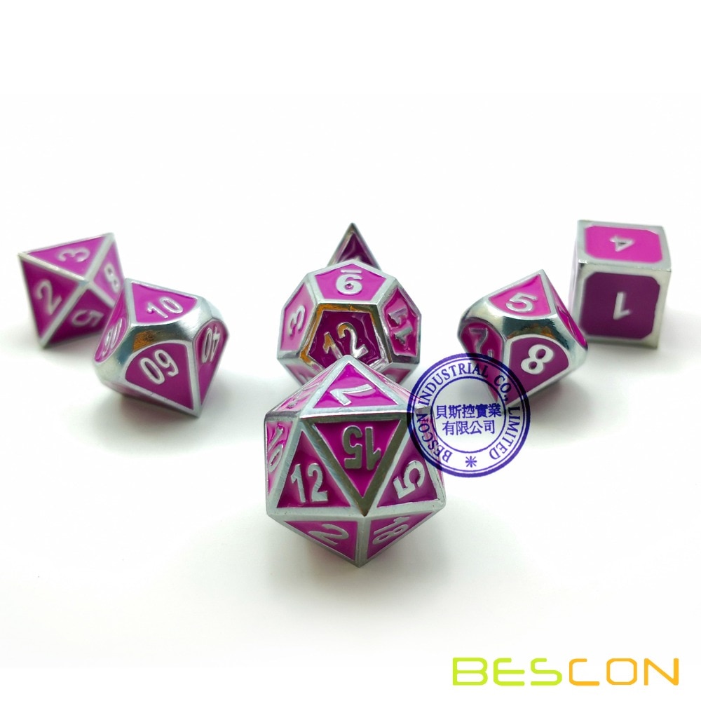 Bescon Deluxe Creatieve Glanzend Zilver en Paars Emaille Effen Metalen Polyhedral Rollenspel RPG Game Dice Set van 7