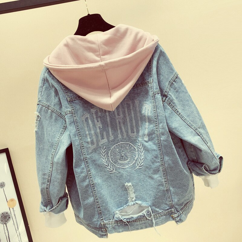 Mozuleva jean manteau femmes printemps automne style coréen coupe ample grande taille à capuche polyvalent hauts jean manteau et veste femmes: Rose / S