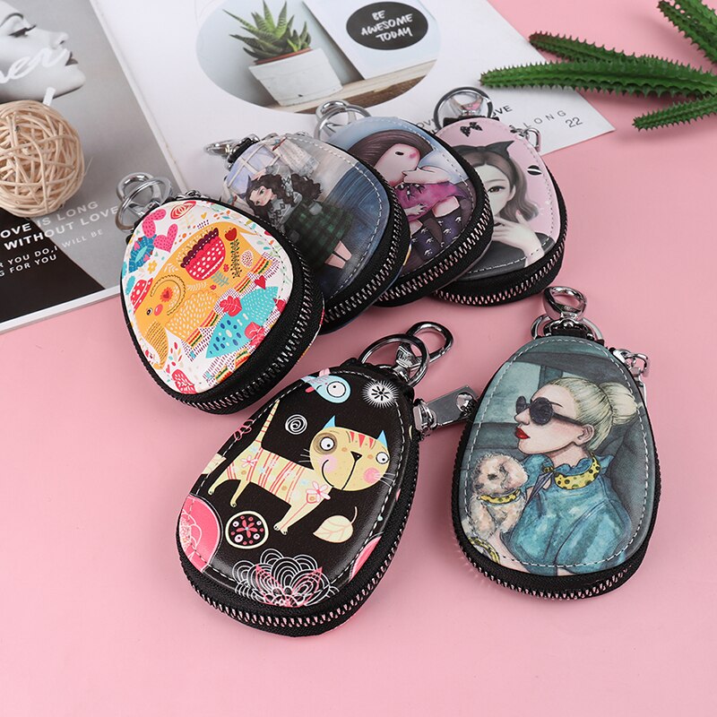 Cartoon Women Key Bag Girl Students Leather Key Wallets Key Case For Car Key Chains Cover Lovely Zipper Key Holder