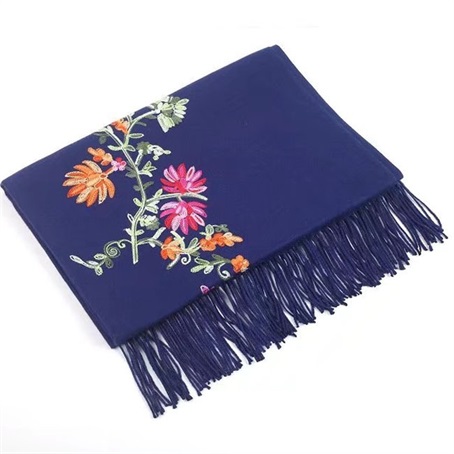 Borduren Bloemen Sjaal Vrouwen Kasjmier Katoen Viscose Sjaals Soild Plain Borduur Sjaals Moslim Kwasten Hijaabs GP02: Marineblauw
