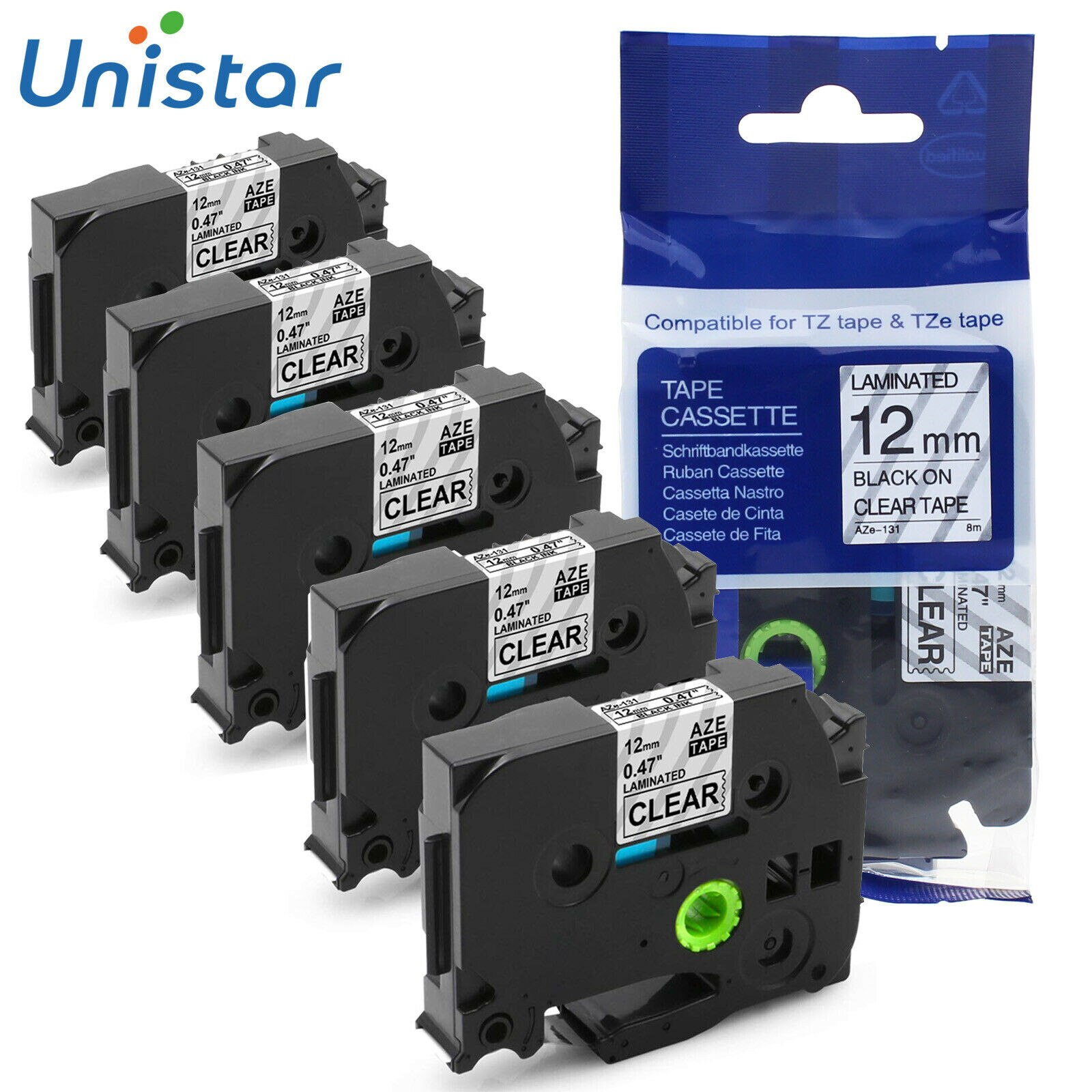 Unistar 5pcs TZe-131 12mm Compatible Brother P-touch Tape Black on Clear Label Tapes for TZe TZ tape TZe131 TZ131 Printer Ribbon