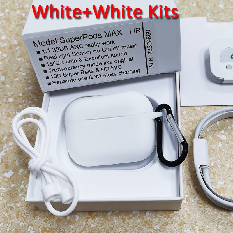 Superpods max tws wirelesss fones de ouvido bluetooth airoha 1562a 1:1 com texto 38db anc cancelamento de ruído fones super bass hd mic: White-White case