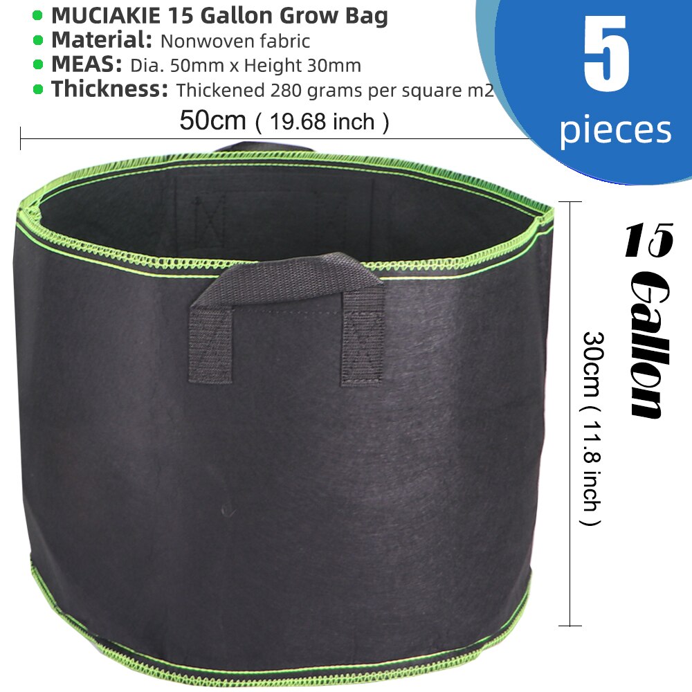 MUCIAKIE 1-20 Gallon 5/10PCS Grow Bag Fabric Pots Aeration Plant Growing Bag Planter Container with Handles Heavy Duty Thickened: 15 Gallon x 5pcs