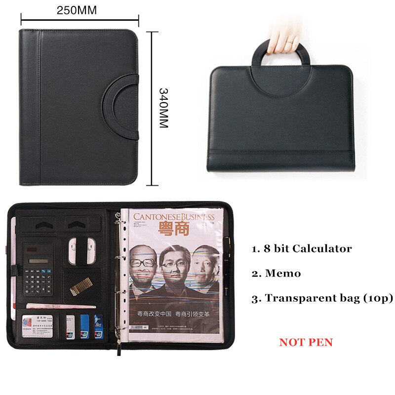 A4 Portable Zipper Phone Holder Business File Bag Real Estate Manager Document Bag Office Conference Calculator Folder Stationer: C Black