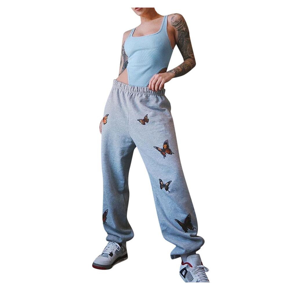 Moda feminina borboleta impresso calças esportivas corrida casual calças longas feminino meados da cintura ao ar livre jogging sweatpants para 2020