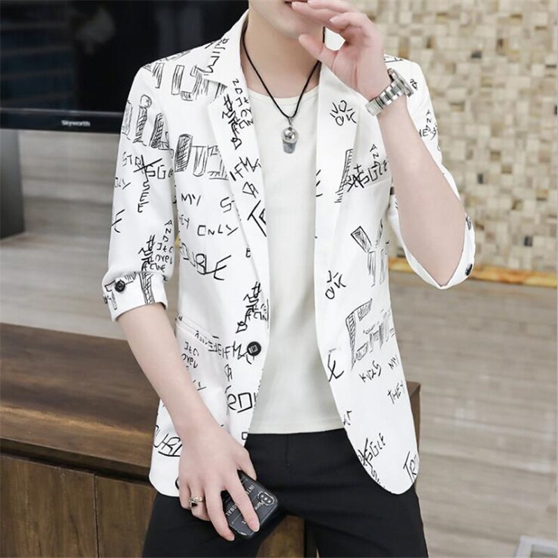 Beiläufige Klage der Männer Sommer Dünne Brief Druck Sozialen Sänger Bühne Mantel Koreanische Business Casual Nahen Sleeve Top: white / XXL