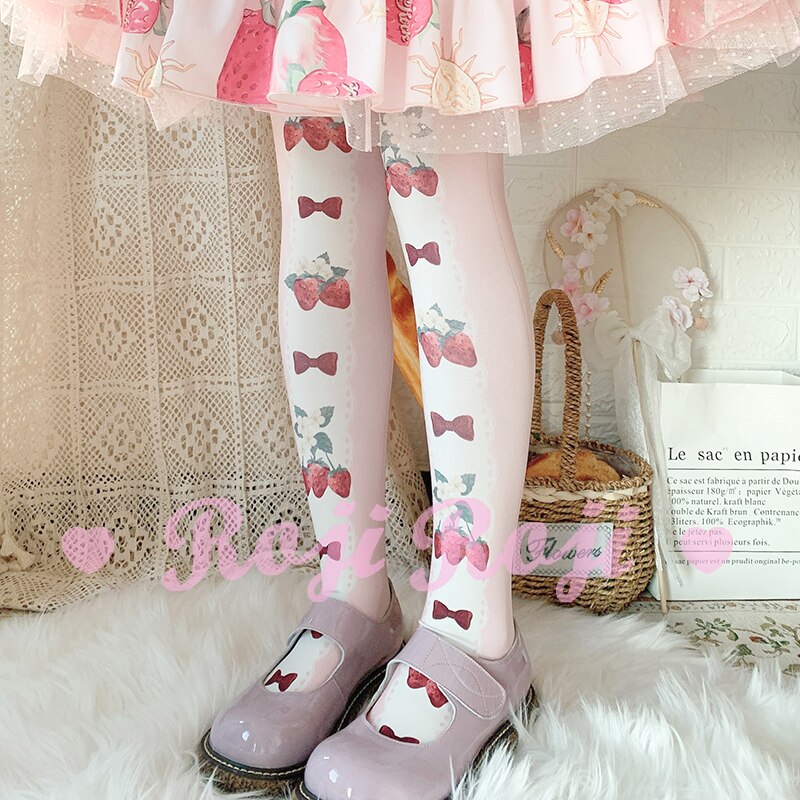 Chaussettes Lolita à nœud papillon pour femmes, motif imprimé velours 120D, style japonais, collection printemps et été: Pink