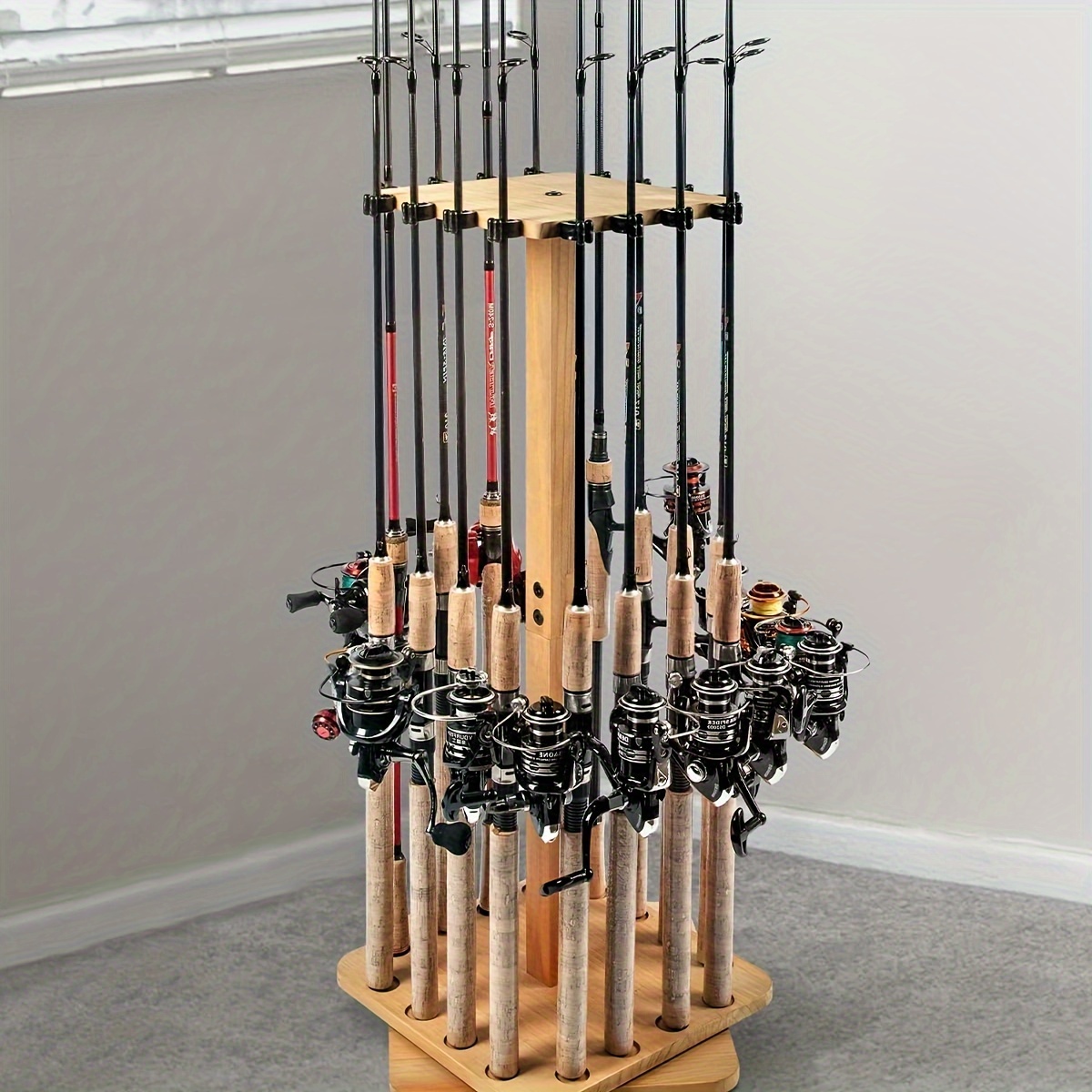Fishing Rod Holders for Garage 360 Degree Rotating Fishing Pole Rack, Floor Stand Holds up to 16 Rods: Brown