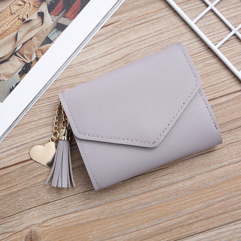 Women Wallet Cute Student Tassel Heart Pendant Short Wallet Small PU Wallet Coin Purse Ladies Card Bag For Women: gray purple