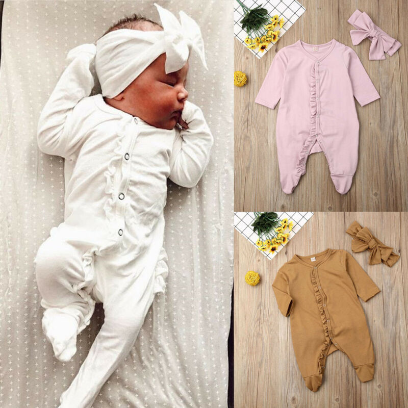 Nyfødt baby dreng pige efterårstøj langærmet romper hovedbånd nattøj pyjamas babygrows