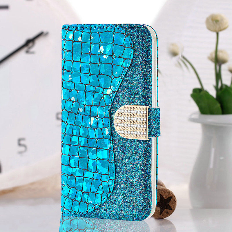 Funda con tapa para Huawei P Smart , carcasa inteligente con diamantes de imitación, cartera brillante para mujer, FIG-LX1