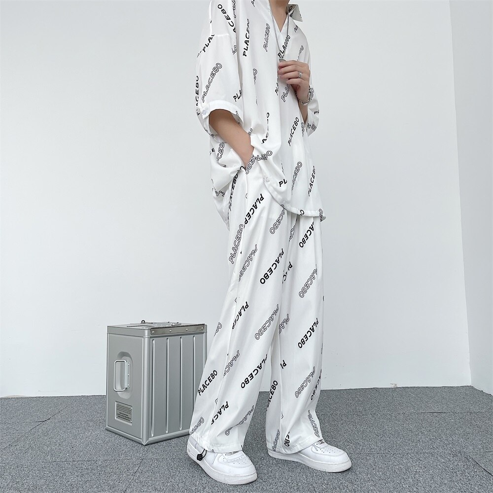 T Shirt Straight Leg Pant Summer Lightweight 2 Pieces Sets for Men Korean Gothic Clothing Teens Hip Hop Streetwear Satin
