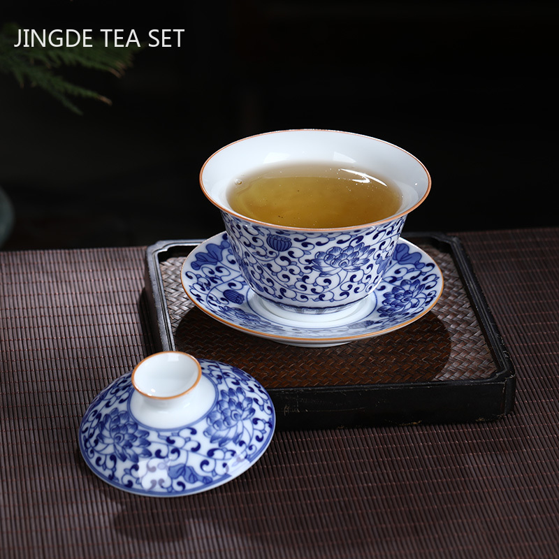 Taza de té de cerámica de Jingdezhen, tazón de té de porcelana azul y blanca hecho a mano, accesorios de té de porcelana china