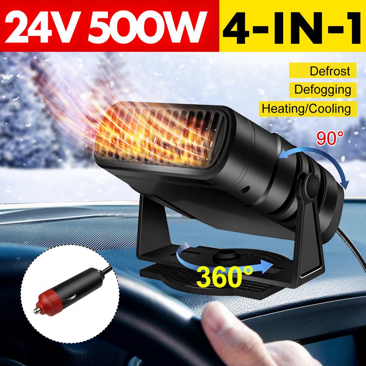 12V 24V 500W Car Heater Portable 360° Adjustmen 4 IN 1 Electric Heater Cooling Fan Air Purifier Windscreen Defogging Defrost: Black24V