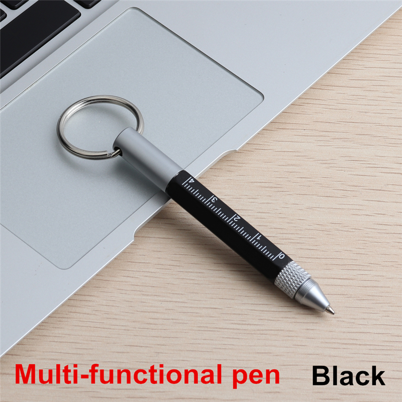 Genkky caneta esferográfica multifuncional, mini caneta esferográfica multifuncional de metal, com ponta esferográfica, jogo de régua, fivelas chaveiro com tinta preta e azul: Black With Blue Ink