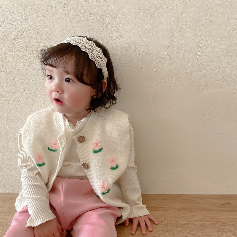 2022 Spring Baby Girl Knit Vest Flower Embroidery Girls Knit Vest Kids Girl Sleeveless Sweater Knitted Cardigan Jacket