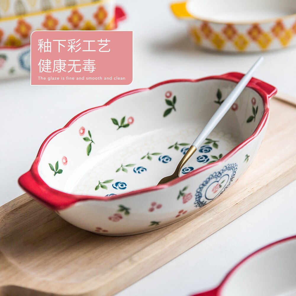 European double-eared baking pan ceramic baking rice bowl household rectangular plate western food plate wy121705