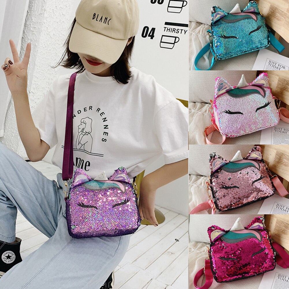 Unicorn Shoulder Bags for girls Travel Women Cartoon Print Sequin Bags Glitter luxury Leather Crossbody Hobo Bag Satchel /BY: Blue