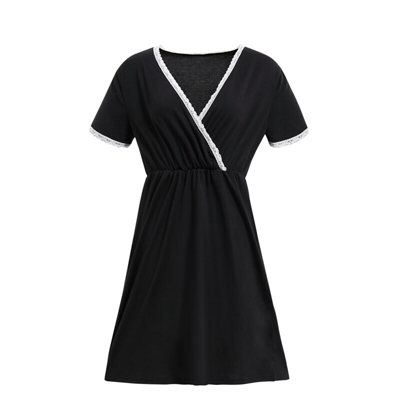 Frauen Mutterschaft Kleid lässig Stillen Pflege Kleid Mutterschaft Pyjama Spitze Nacht Kleid: Schwarz S