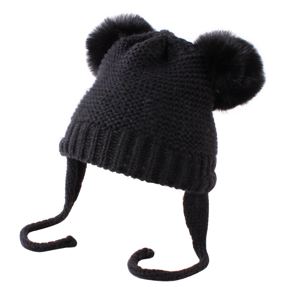 ¡Novedad de ! Accesorios para bebés, gorros de lana tejidos con cinta, gorros cálidos para el invierno para niños y niñas, gorros de lana tejidos con bola peluda: Black