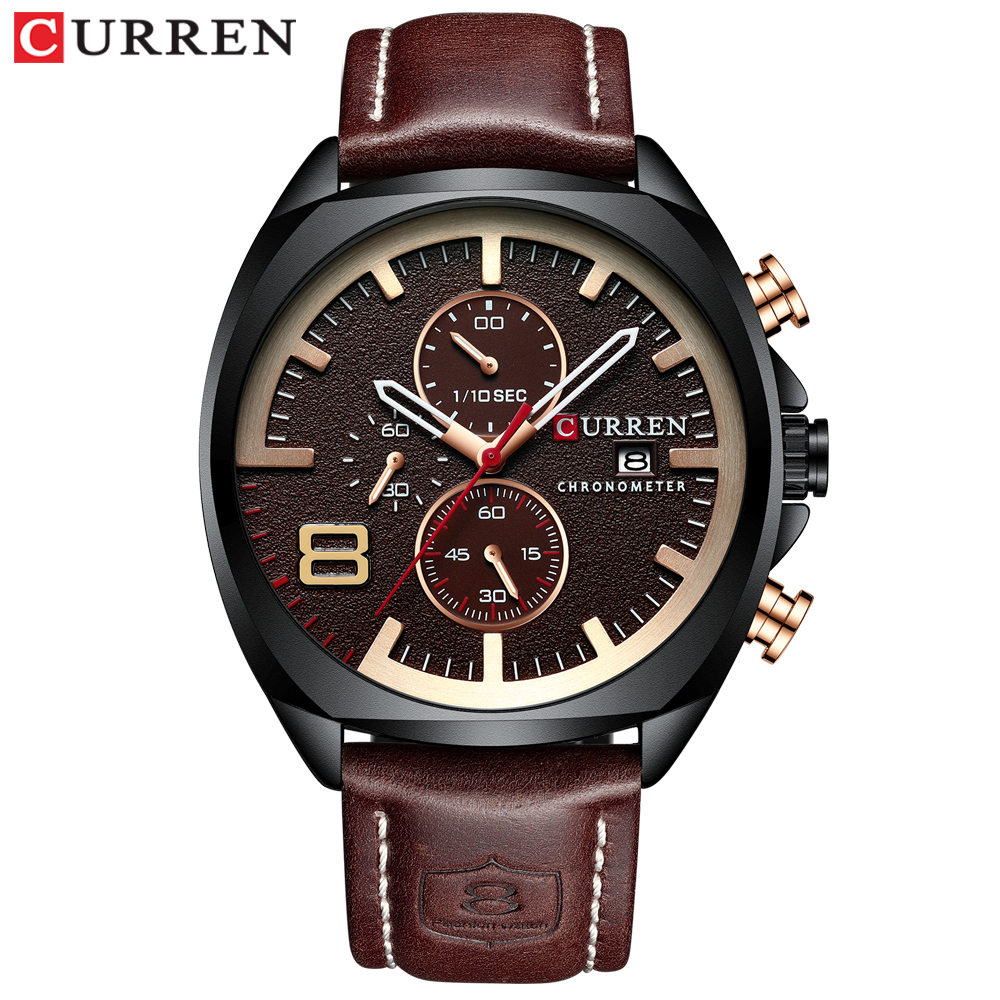 Curren Mannen Kijken Topmerk Luxe Chronograaf Horloges Lederen Waterdichte Sport Kalender Horloge Relogio Masculino: black brown