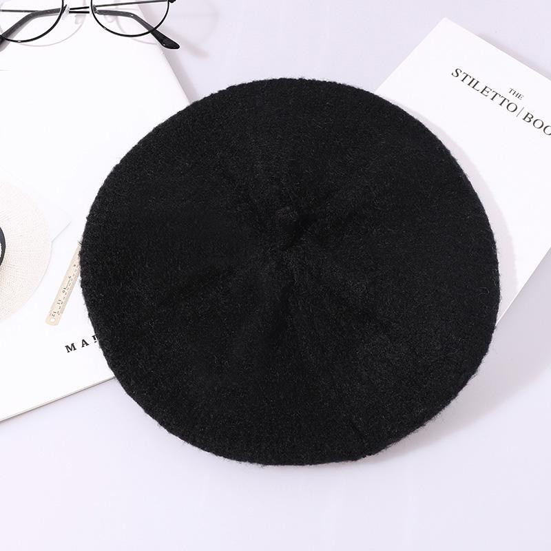 Ośmiokątny kapelusz żeńnarty beret kobiety jesień czapki zimowe robione na drutach dla kobiet dziania wełny duży rozmiar francuski kapelusz Gorras stałe: czarny