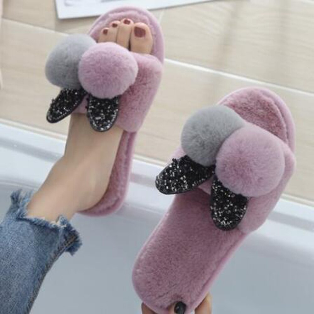 Winter Plush Ball Home Slipper Ladies Warm Short Furry Women Comfort Fur Rabbit Woman Soft Bottom Female Shoes ww20