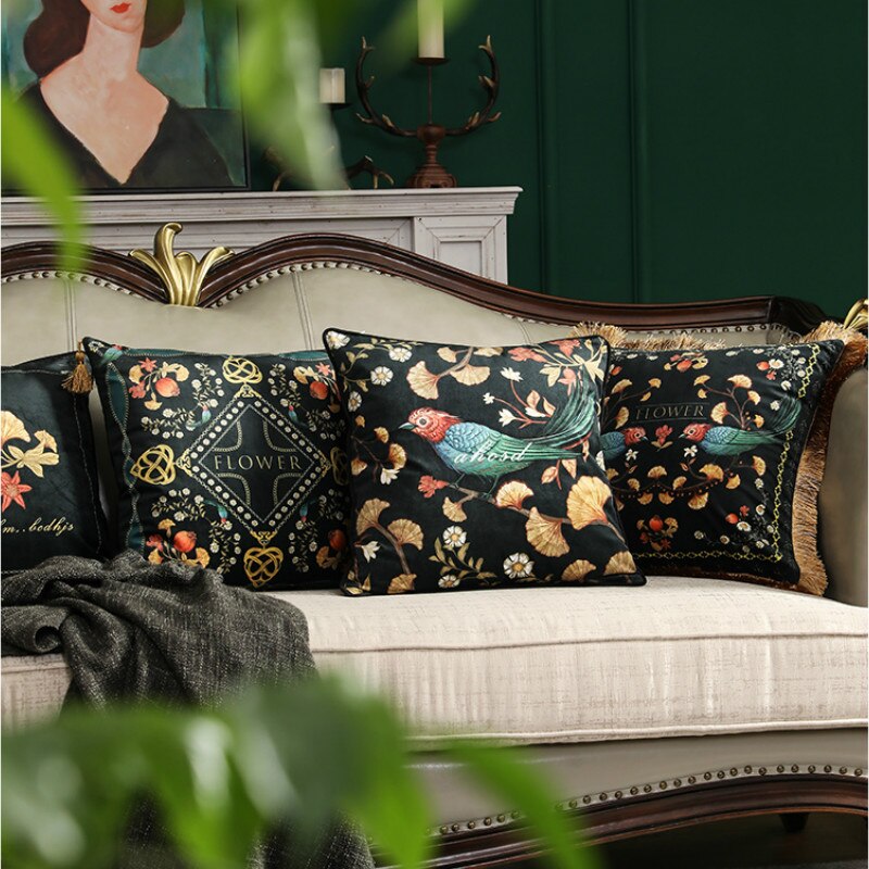 Dunxdeco pudebetræk firkantet pudebetræk kunstnerisk europæisk have fugl fugl sort luksus fløjl coussin sofa stol udsmykning