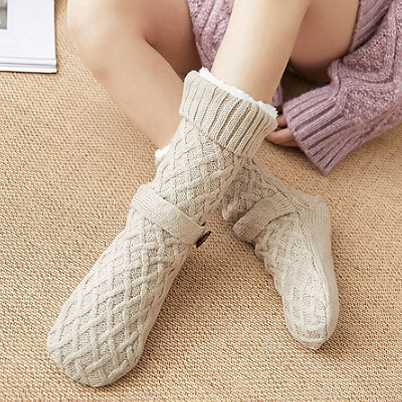 Hiver tricoté femmes chaussettes femmes impression de noël anti-dérapant moelleux corail polaire bouton Tube velours femme chaussettes