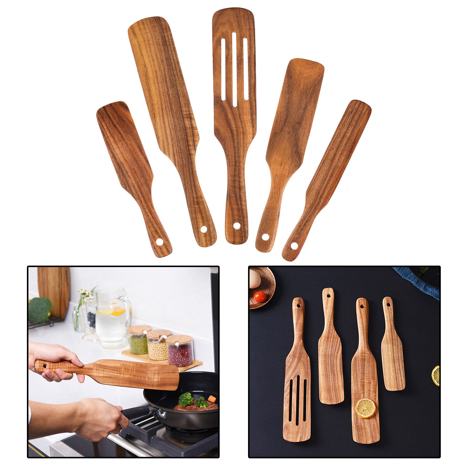 5x Natural Teak Wood Slotted Spurtle Spatula Sets Utensils Cooking Tools