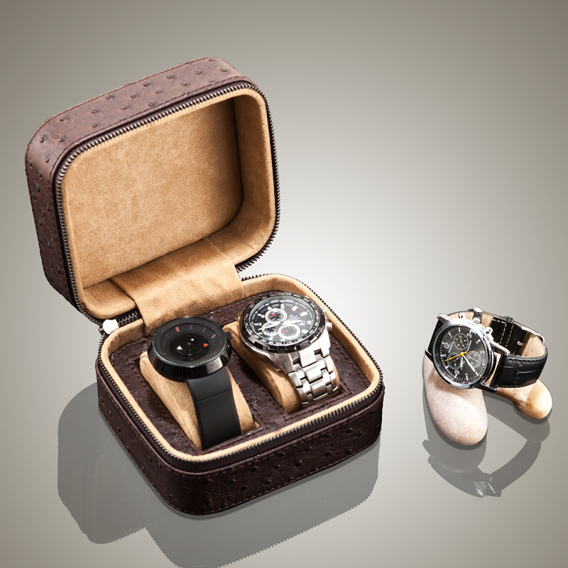 2 Slots Lederen Horloges Box Organisatie Met Rits Bruin Reizen Horloge Tas Sieraden Horloge Cadeau Case Voor Mannen