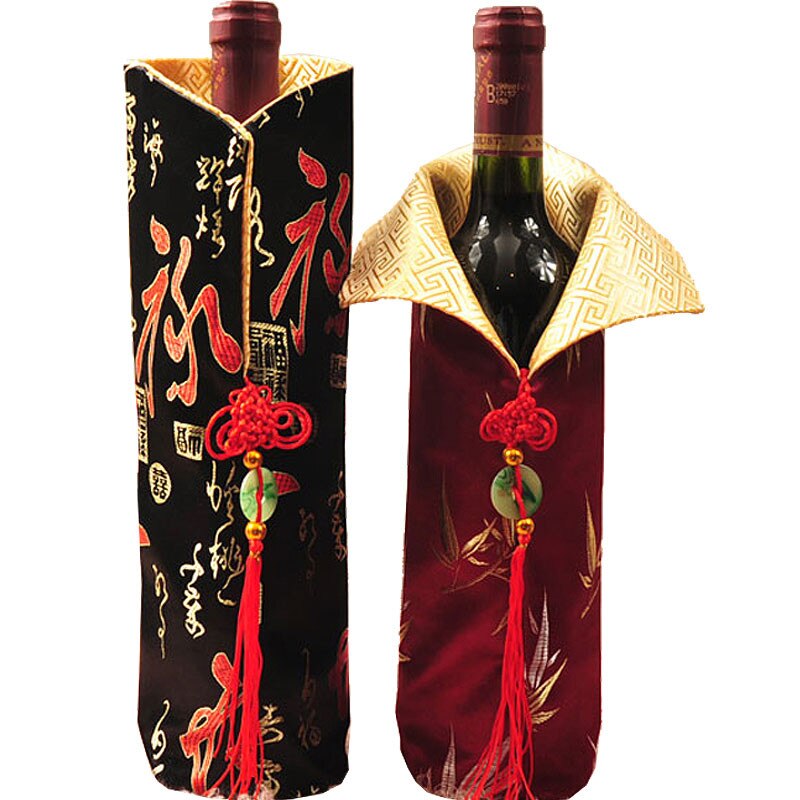 Chinese knoop kersthoes wijnfles tas tafeldecoratie wijnfles tas zijde brokaat rode wijn kleding past 750ml 10 stuks