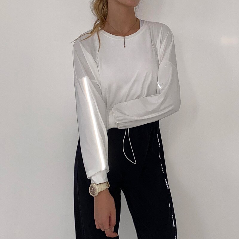 Stil självlysande träningsdräkt tighta och sexiga fitness långärmade t-shirts för kvinnor löpträning snabbtorka kläder höst